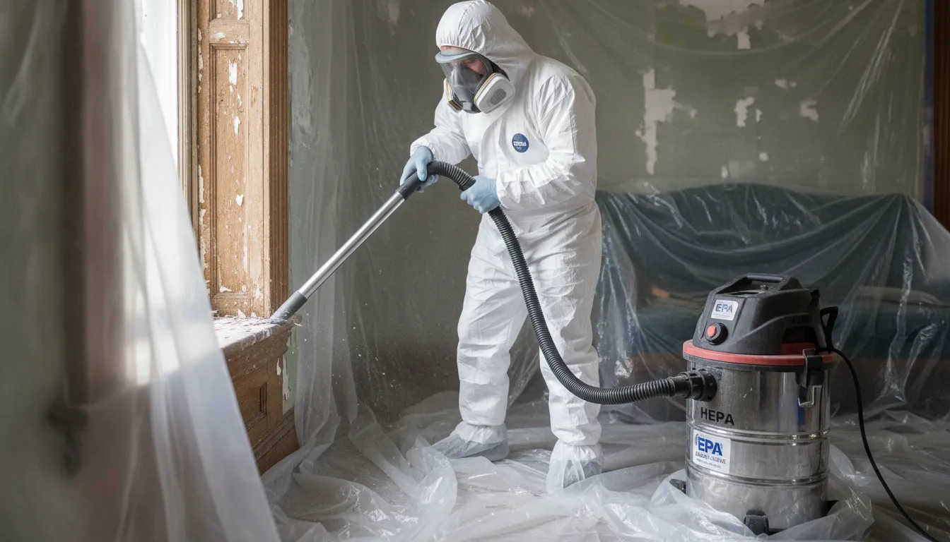 EPA certified technician in protective gear setting up plastic sheeting containment during professional lead paint abatement